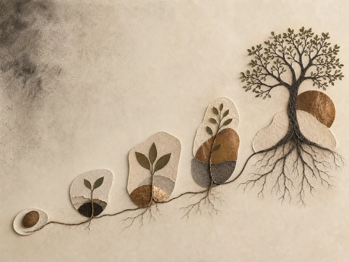 Composición editorial que muestra una semilla convirtiéndose gradualmente en un árbol con raíces